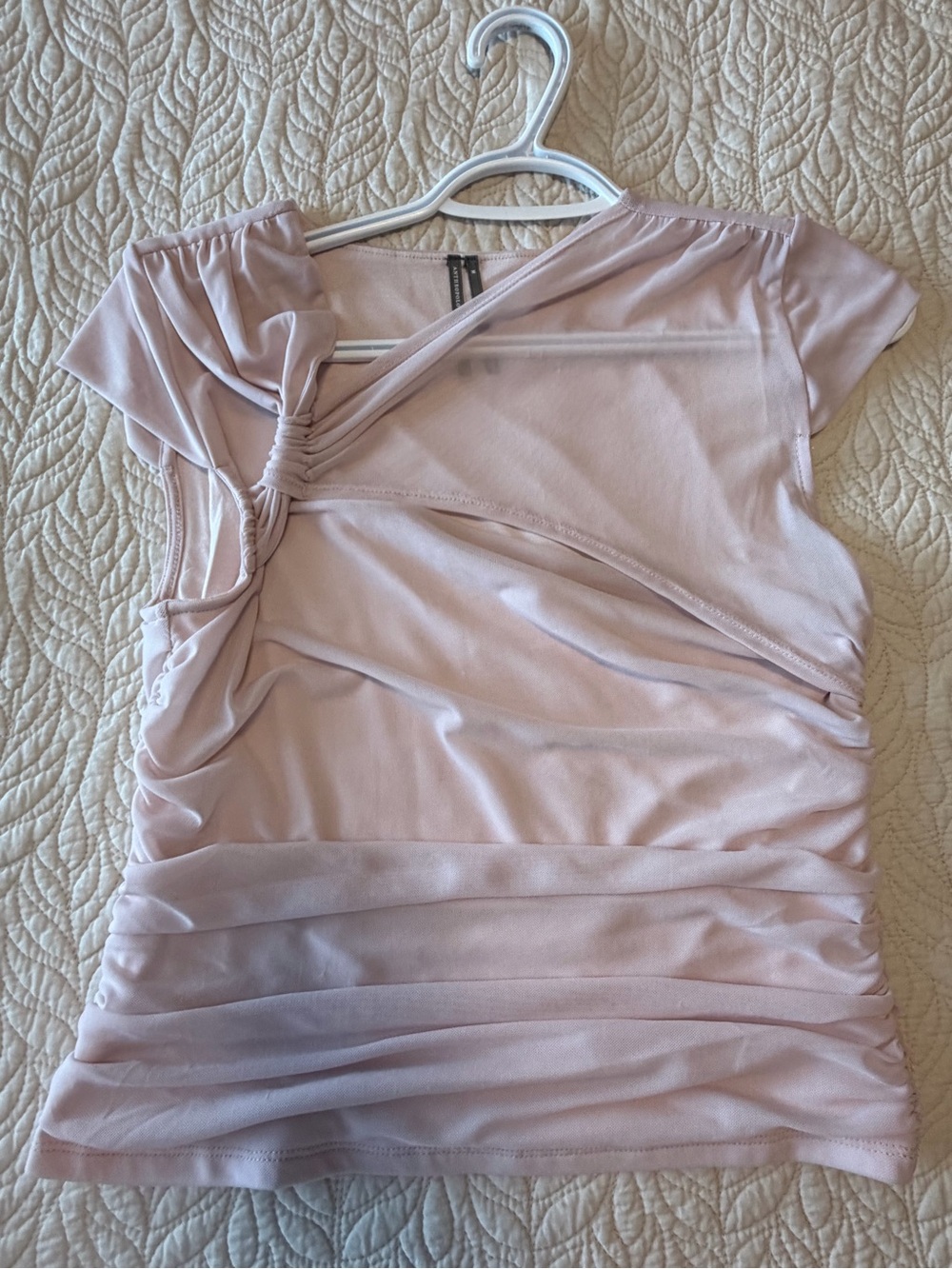 Anthropologie Blush Pink Ruched Knot-Shoulder Short Sleeve Top - Picture 2 of 5